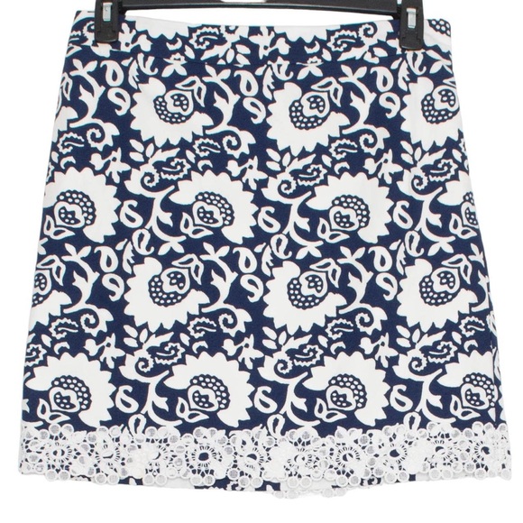 Talbots Dresses & Skirts - TALBOTS LACE-TRIMMED WOODBLOCK FLORAL STRETCH COTTON CANVAS SKIRT